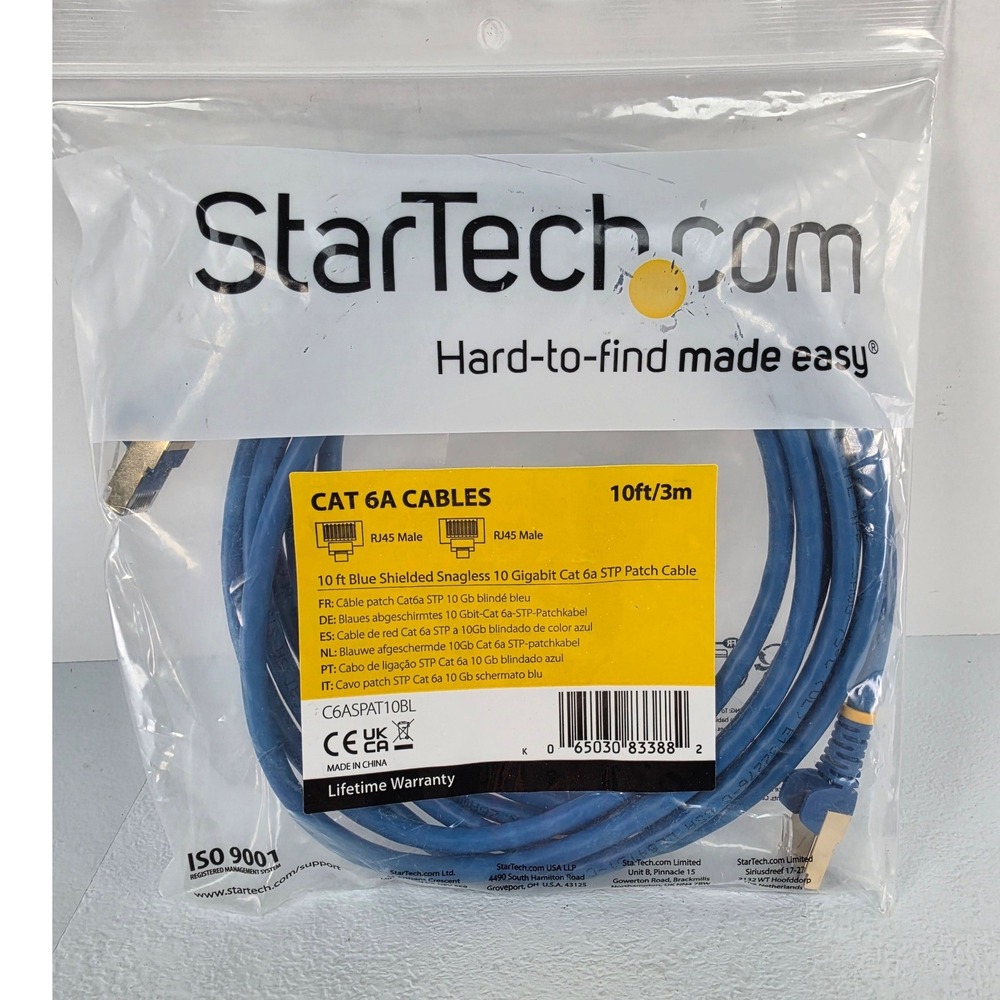 StarTech 10ft Blue Cat 6a STP Shielded Snagless 10Gb Ethernet Cable C6ASPAT10BL